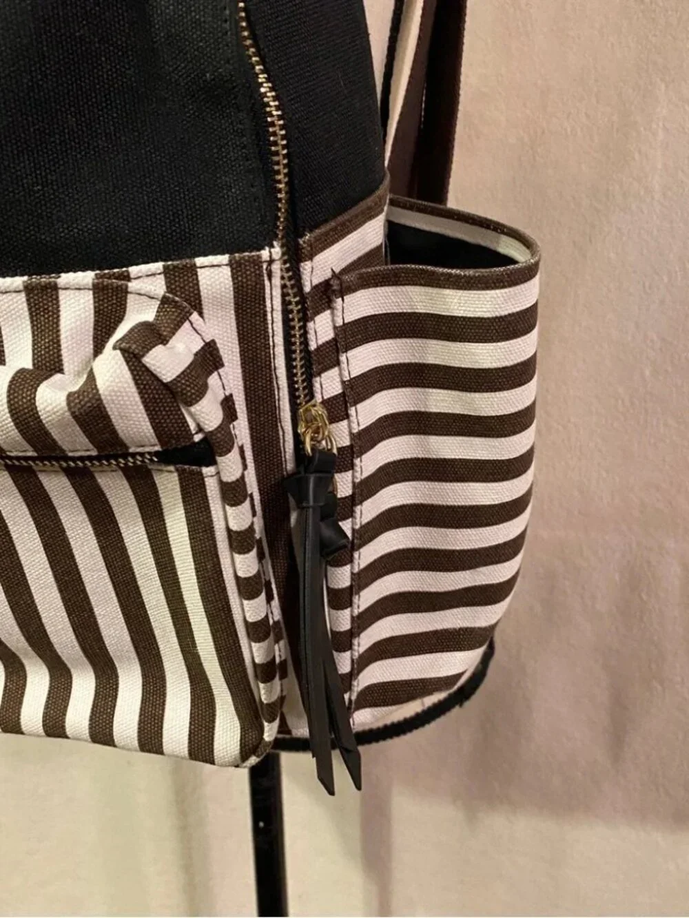 Henri Bendel black white brown striped canvas backpack large